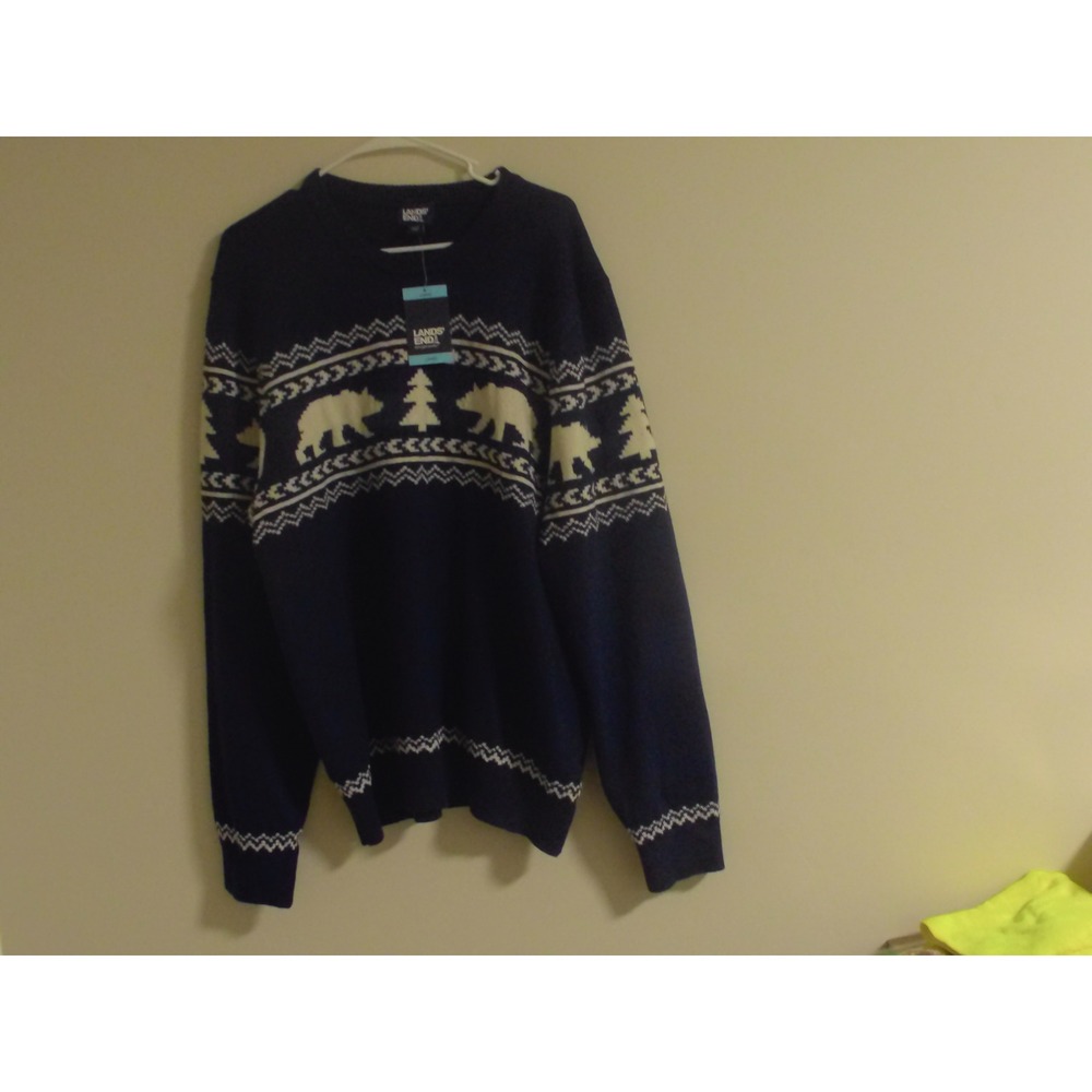 Lands End Navy Blue Polar Bear Fair Isle Sweater Large New With Tags